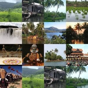 This is a collage of beautiful travelling destinations in kerala such as munnar, Alleppey, Thekkady,वायनाड, कोच्चि ,वरकला, kumarkoram ,कोवलम Kerala Tourism