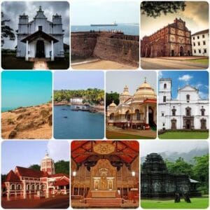 This is a collage of beautiful travelling places of goa such as baga beach, Calangute beach, dudhsagar waterfall, anjuna beach, chapora fort etc