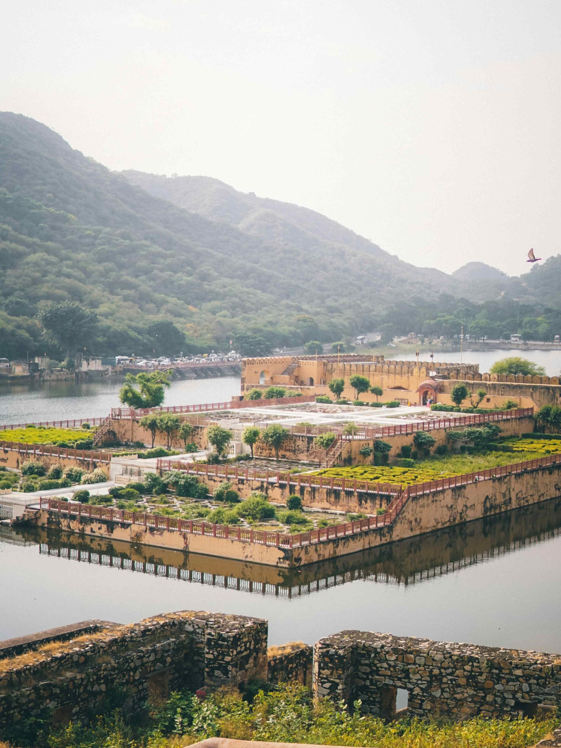 Arial view of Amer fort which is surrounded by lake