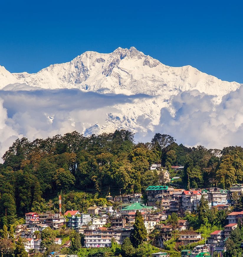 A white mountain and many small houses and some trees