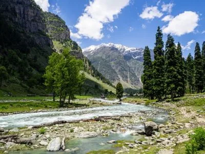 A river between mountains and trees