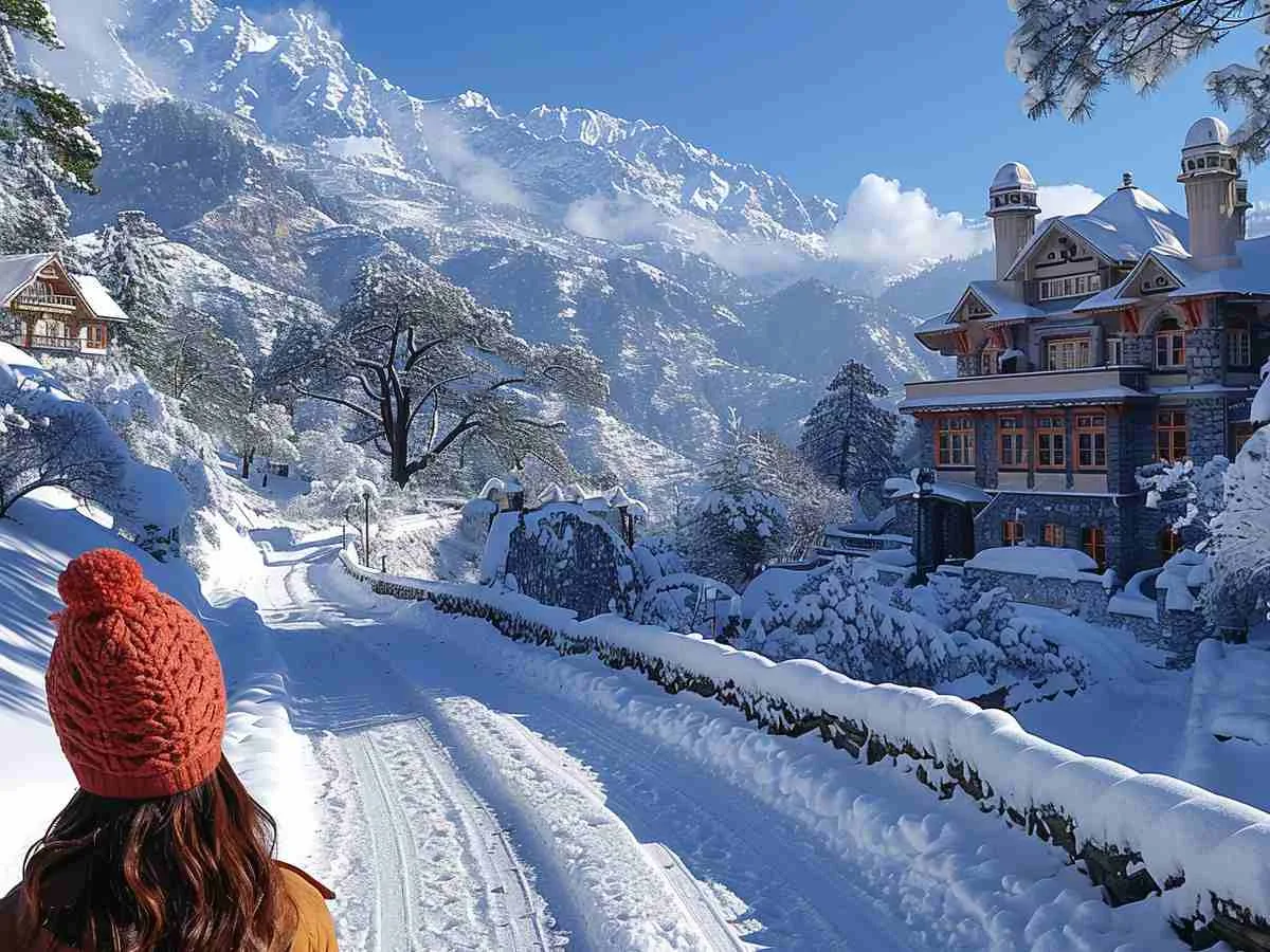 white snow covered road and a house there and one women which hat is pink color hill stations in India