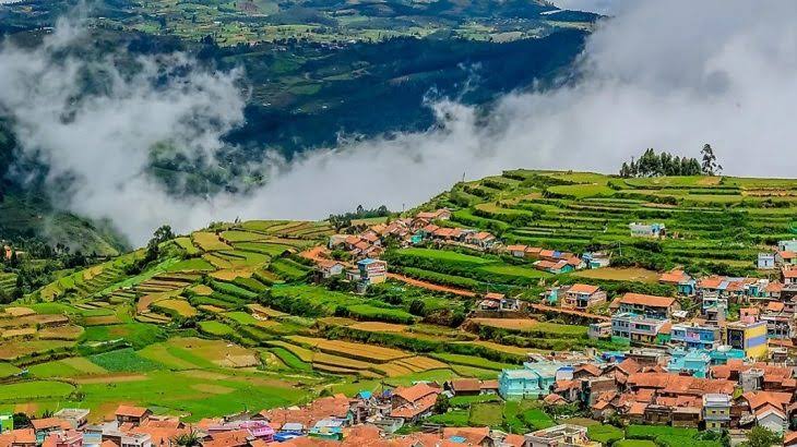 There is a greenery all over and some homes are there and clouds are visible Winter Destinations In India